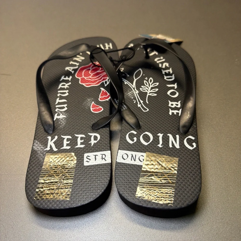 Primark Men’s Sandals Flip Flops Rose Design Black/ Red Soft Size‎ 11/12 NWT